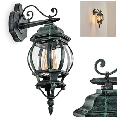 Image of Outdoor Wall lamp Lentua, downwards in Antique Look Made of Metal/Glass Black/Green/Clear, Light, E27, Retro/Vintage for Terrace, Veranda and Yard, IP44, Without Bulb