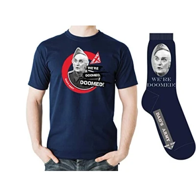 Image of Spike Leisurewear Officially Licensed Dad&#039;s Army T Shirt and Socks Set with Classic &#039;We&#039;re Doomed&#039; Design. Available in Sizes S XXL (Medium) Navy