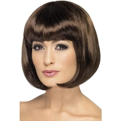Image of Smiffys Partyrama Wig, 12 inch, Brown Short Bob with Fringe, Ladies Glamour Wigs Fancy Dress, Adult Dress Up