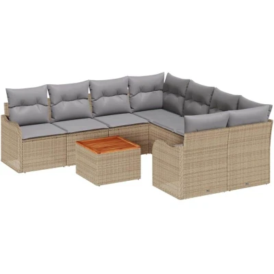 Image of vidaXL 9 Piece Garden Sofa Set with Cushions Beige Poly Rattan Acacia