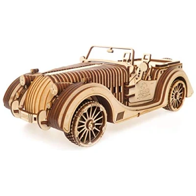 Image of UGEARS VM 01 Roadster Vehicle 3D Wooden Art DYI Fun Projects for Adults Mechanical Working Model Plywood Material with Transmission Great Gift Car Lovers