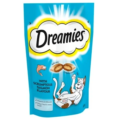 Image of Dreamies Cat Treats, Tasty Snacks with Tempting Salmon, 8 Pouches of 60 g