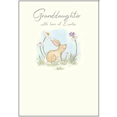 Image of Woodmansterne Granddaughter &#039;Happy Easter&#039; Card Bunny Hop Lovely Design with Artistic Rabbit &amp; Daisies Illustration, Multicolour, 120 x 172mm