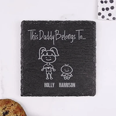 Image of eBuyGB Personalised Square Slate Coaster, This Daddy Belongs to Dad Birthday Gift, Present for Daddy, Engraved Drinks Coaster