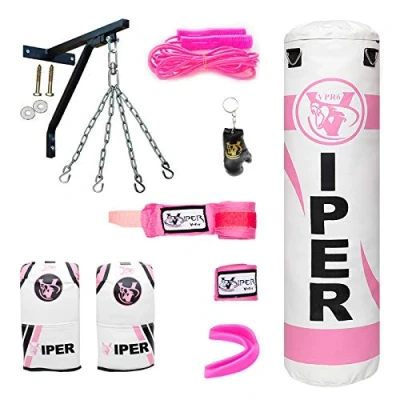 Image of Viper 4ft Heavy Filled Boxing Punch Bag Set, Bracket, Chain, Mitts, Gloves GirlsLadies Pink