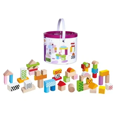 Image of Wooden Building Blocks Construction Set 50 Colourful Pieces Crafted From Beech Wood Comes with Storage Can Shapesorter Lid Ages 1+
