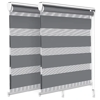 Image of VOUNOT Set of 2 Zebra Roller Blind Double Fabric, Day and Night Translucent or Blackout Vision Curtains, No Drilling for Window Door, Grey, 80 x 150 cm
