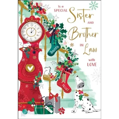 Image of Sister and Brother in Law Christmas Card Dalmatian Dog Festive Staircase Contemporary Artistic Design Special Finishes Illustrated Insert Leaf Made the UK