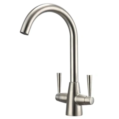 Image of Peppermint Kitchen Taps Mixer Brushed Nickel Tap Dual Lever Steel 1 Hole Streamlined Vintage Sink