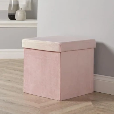 Image of Home Source Folding Ottoman, Velvet Fabric Storage Square Box, Blush Pink