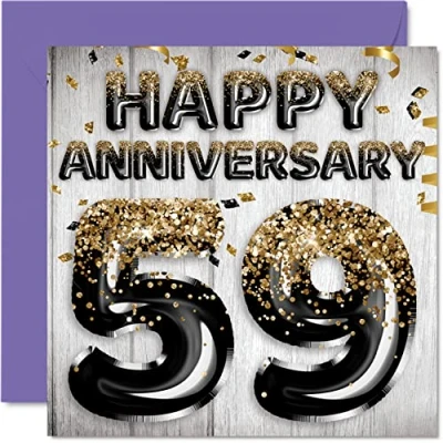 Image of Awesome 59th Anniversary Card for Husband Boyfriend Wife Girlfriend Black Gold Glitter Balloons Happy 59 Cards from Family, 145mm x Greeting Fifty Ninth Anniversaries