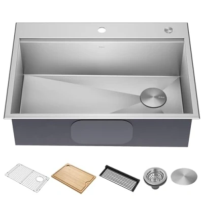 Image of KRAUS Kore 30 Inch Drop in/Top Mount Workstation 16 Gauge Single Bowl Stainless Steel Kitchen Sink with Accessories, KWT310