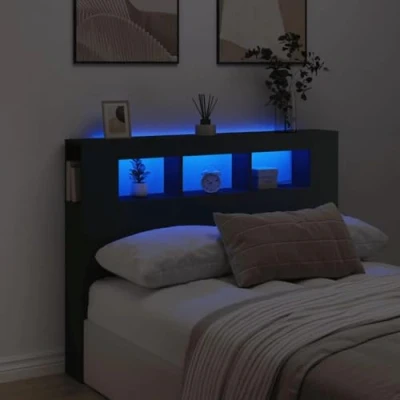 Image of vidaXL LED Headboard Bed in Black Stylish Engineered Wood Header with Adjustable RGB Lights and Storage, Ideal for Modern Bedrooms