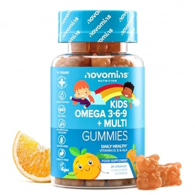 Image of Kids Omega 3 6 9 Gummies Multivitamin E &amp; D Vegan 1 Month Supply Chewable Childrens Supplement Plant Based Alternative to Fish Oil Vitamins by Novomins