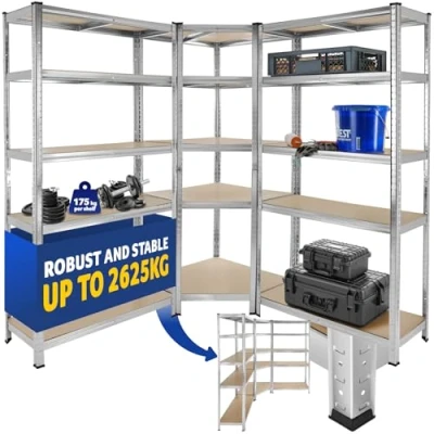 Image of TecTake® 5 Tier, Heavy Duty Garage Shelving Unit, 3 Piece Storage Unit with 15 Adjustable MDF Shelves, Galvanised Steel Frame &amp; Quick Plug In Assembly, Workbench Convertible 2625 kg Load Capacity