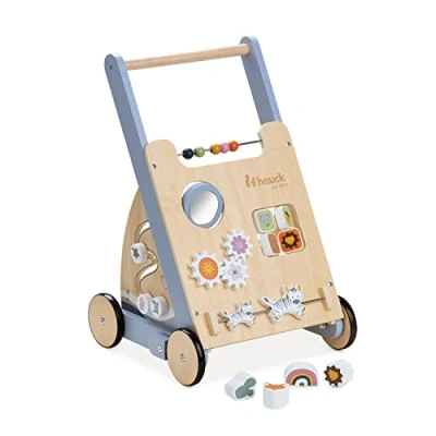 Image of Hauck Baby Walker with Motor Toys and Brake Learn to Walk Wooden for Babies 12+ Months, FSC® Certified Wood, Activity Shape Sorter, Stacking Toy, Mirror, Cogwheels