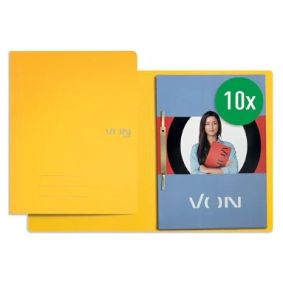 Image of VON Leitz 30130015 Pack of 10 A4 File Folders, Cardboard, with Stapling Mechanism, for 250 Sheets, Soft Cover, School, Study and Household, Yellow