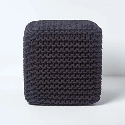 Image of HOMESCAPES Black Knitted Cube Footstool Bean Filled 100% Cotton for Living Room Children or the Elderly