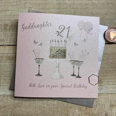 Image of WHITE COTTON CARDS Happy 21st Birthday Card Goddaughter Champagne Glasses Pink &amp; Gold Sparkly Cake SS42 GODD21