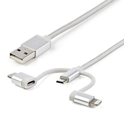 Image of StarTech.com USB Multi Charging Cable 3.3 ft / 1m Lightning C Micro Braided MFi Certified 2.0 3 in 1 (LTCUB1MGR)