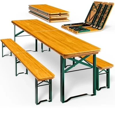 Image of CASARIA® 3 Pcs Foldable Beer Tent Bench Set 220cm Length Outdoor Dining Furniture Pinewood with Metal Trestle Perfect for Camping, Picnics, BBQs, Parties