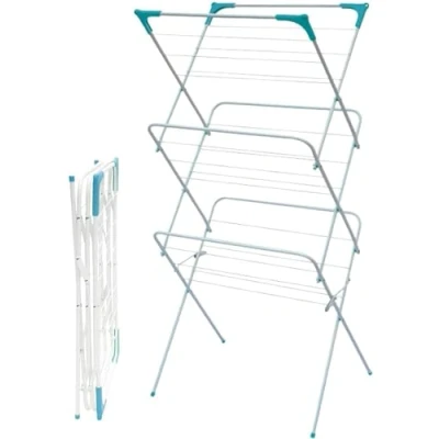 Image of 3 Tier Folding Clothes Airer for Laundry, Indoor And Outdoor Non Slip Feet &amp; Corner Spaces Hangers Home Storage Foldable Drying Rack, Lightweight, Space Saving Washing Line