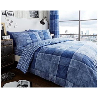 Image of GC GAVENO CAVAILIA Premium Denim Check Tartan Single Bed Duvet Set, Soft &amp; Cosy Reversible Checkered Quilt Bedding, Blue