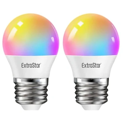 Image of EXTRASTAR G45 E27 Smart Bulb, Alexa Light WiFi LED Golf Ball Bulbs, 6W 600lm, RGB Color Dimmable Multicolor + Warm or White Light, Compatible with and Google Home, Pack of 2