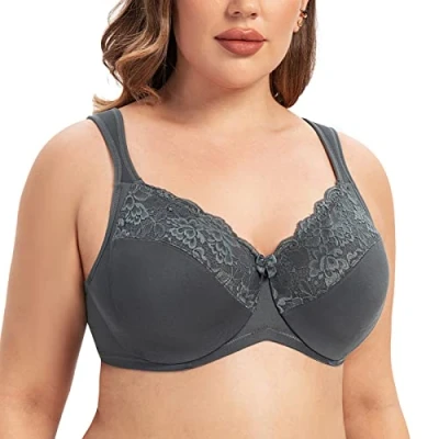 Image of MELENECA Women&#039;s Minimizer Bra Full Coverage Plus Size Underwire Lace Comfort Cushion Strap Anthracite 38D