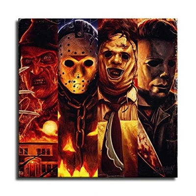 Image of MJ_ART Holloween Horrer Movie Michael Myers vs Jason Voorhees Freddy Krueger Poster Wall Art Home Decorations for Bedroom Living Room Oil Paintings Canvas Prints 318 (Framed,12x12inch)