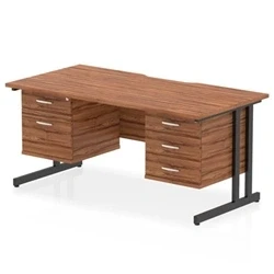 Image of Impulse 1600 x 800mm Edge Office Desk Walnut Top Black Cantilever Leg Workstation 1 2 Drawer 3 Fixed Pedestal