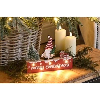Image of Festive Productions 20cm Light Up Red Wooden Merry Christmas with Gonk Indoor Use Décor Battery Operated Decoration For Home