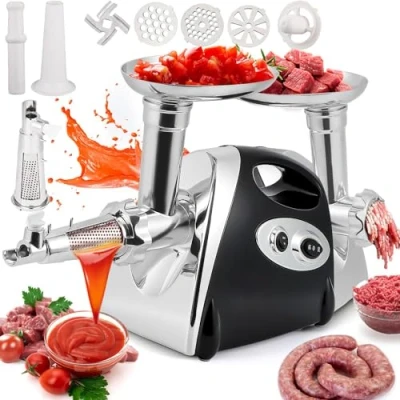 Image of HYQNG Electric Meat Grinder Tomato Strainer Sausage Stuffer Maker Sauce Mincer Machine with 3 Plates &amp; Tubes Kubbe Kit for Home Kitchen Use