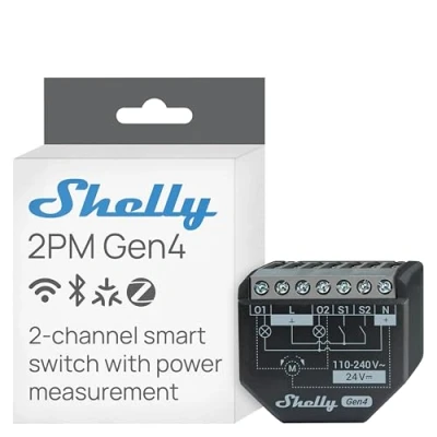 Image of Shelly 2PM Gen4 Wi Fi Smart Relay Switch, 2 Channels, 16A Total, Power Metering, Home Automation, Roller Shutter Remote Control, No Hub Required, Matter, Alexa, Google, Apple HomeKit, Zigbee