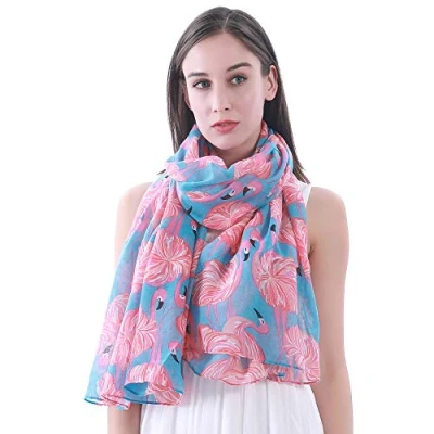 Image of Lina &amp; Lily Flamingo Print Women&#039;s Lightweight Scarf Shawl (Sky Blue)