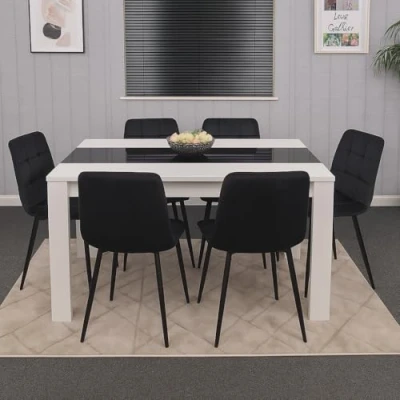 Image of KOSY KOALA Kitchen Dining Table Set Of 6 Wooden And Black Velvet Chairs White Tufted