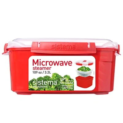 Image of Sistema Microwave Food Steamer with Removable Basket Large 3.2 L Red/Clear