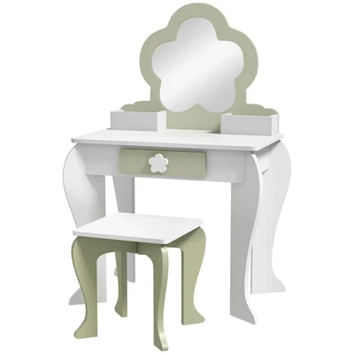 Image of ZONEKIZ Dressing Table with Mirror and Stool, Kids Vanity Drawer, Storage Boxes, Beauty Flower Design Girls for Ages 3 6 Years White