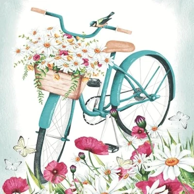 Image of 20 Napkins Summer Flowers in Bicycle Basket Table Decoration Paper with Motif Also for Decoupage and 33 x cm