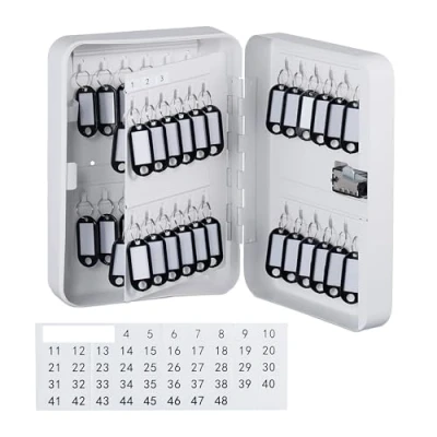 Image of Relaxdays Box, Wall Cabinet, Combination Lock, 48 Hooks, with Key Rings, HWD: 25 x 18 7.5 cm, Cash Safe, White, Iron