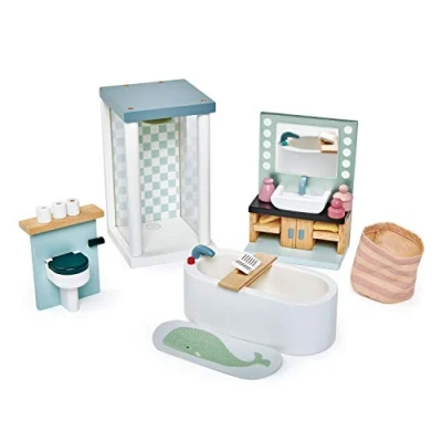 Image of Tender Leaf Toys Dolls House Bathroom Furniture Wooden Suite with Bath, Shower, Toilet and Sink Unit for 10 12cm Tall