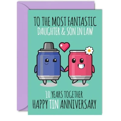 Image of Cute Tin Anniversary Card for Daughter &amp; Son In Law 10 Years Together Happy 10th Wedding Cards Daughter, A5 Greeting Tenth Anniversaries