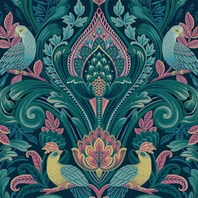 Image of Arcadia Naturistic Pink Wallpaper Botanical Birds Leaves Teal Modern Textured Paste The Wall Vinyl