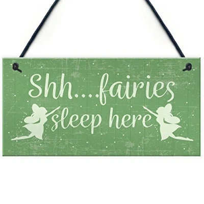Image of RED OCEAN Fairies Sleep Here Novelty Hanging Shabby Chic Plaque Fairy Garden Shed Sign