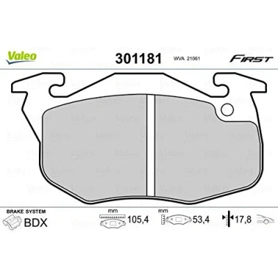 Image of 425498 Brake pad set VALEO 301181 FIRST Front Axle excl. wear warning contact without anti squeak plate PEUGEOT: 106 I Hatchback, II Hatchback