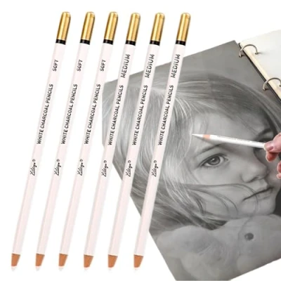 Image of Ccomage 6Pcs Professional White Charcoal Pencils Drawing Set, Soft &amp; Medium Hard Sketch Highlight for Drawing, Sketching, Shading, Blending, Painting Art Supplies Chalk