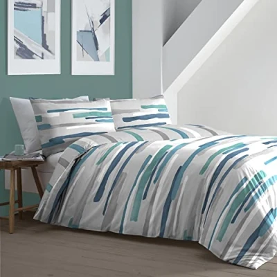 Image of Fusion Blue Nautical Stripe Duvet Cover King Bedding Size (230 x 220cm) Clifton Collection Contemporary Grey/Teal Bed Set Teal with