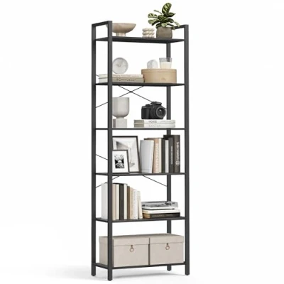 Image of VASAGLE 6 Tier Bookcase, Free Standing Shelf, Steel Frame, Freestanding Living Room, Bedroom, Office, 30 x 66 186 cm, Industrial Design, Black Ebony Ink LLS062B56