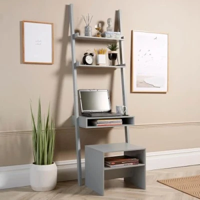 Image of Home Source Desk Unit Office Shelving Storage with Stool Included, MDF, Grey, 3 Tier