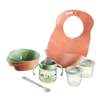 Image of Tommee Tippee Weaning Starter Kit with Toddler Feeding Bowls and Spoons, Silicone Bib, 100% Leak proof Sippy Cup Food Storage Pots, 4m+